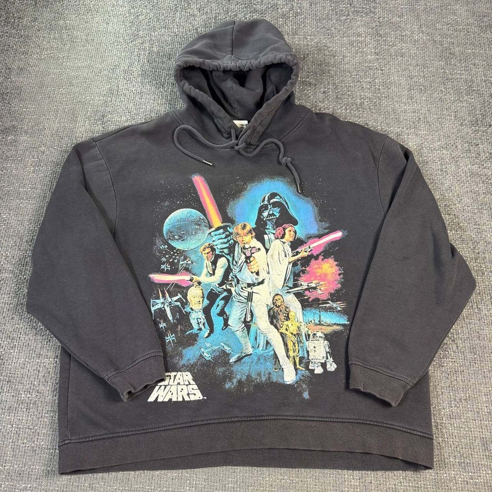 H&M Star Wars Graphic Hoodie Mens Large Black Faded Retro Sci-Fi Pullover
